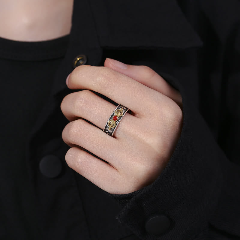 Adjustable Red Agate Om Mani Padme Hum Wisdom Ring