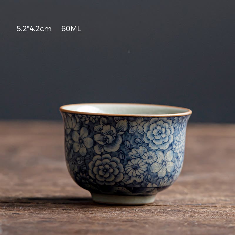 Ceramic Zen Tea Cup with Blue Lotus & Chrysanthemum Design 95ml