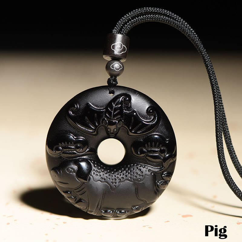 Chinese Zodiac Black Obsidian Strength Necklace Pendant