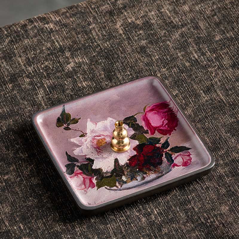 Ceramic Incense Burner Tray with Mountain Lake Flower Leaf Design