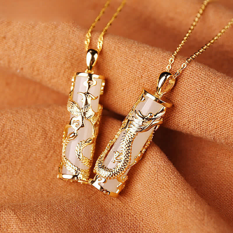 White Jade Dragon Phoenix Necklace | Copper Harmony Pendant