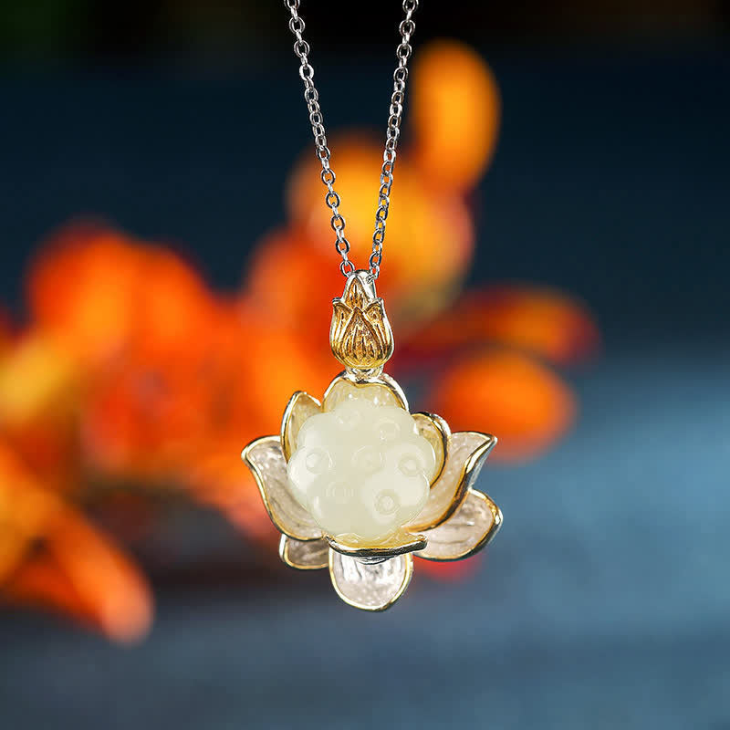 White Jade Lotus Flower Happiness Protection Necklace