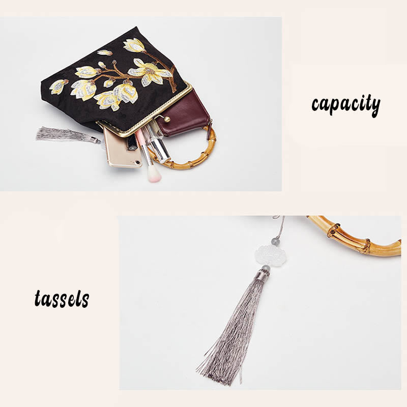 Plum Blossom Embroidery Handbag with Bamboo Handle | Elegant Crossbody