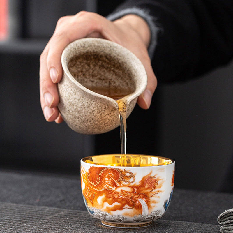 Gilt Ceramic Dragon Phoenix Crane Teacup 170ml Spiritual