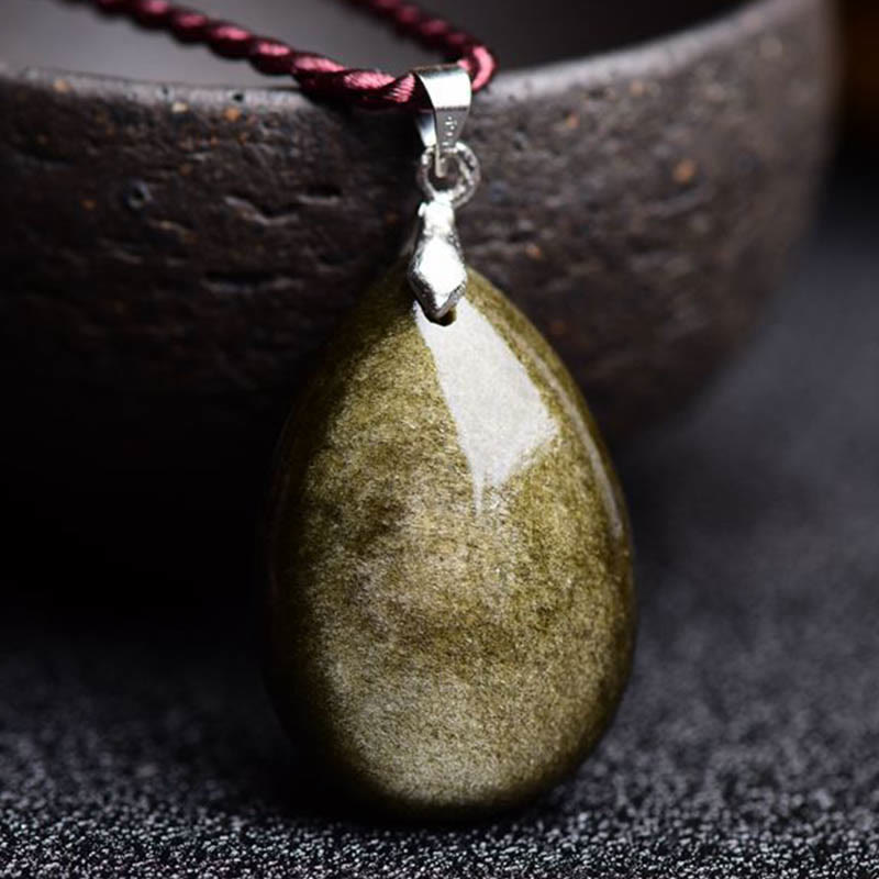 Water Drop Obsidian Necklace Pendant | Gold Sheen & Rainbow Black