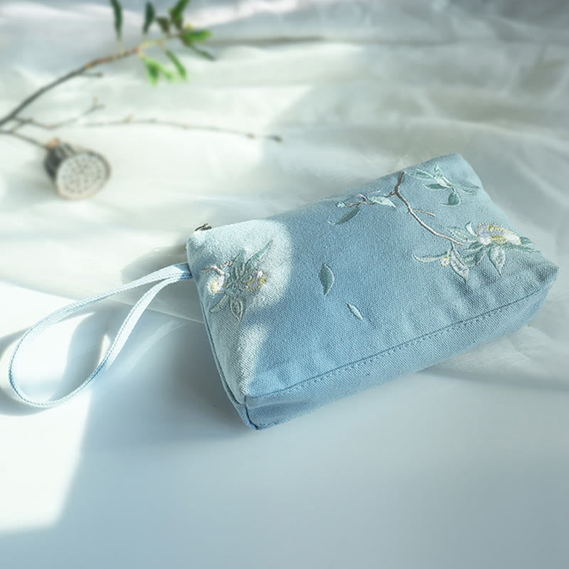 Canvas Wallet with Plum Cherry Crane Embroidery | Compact 21x13cm