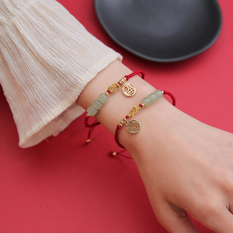 Jade Bead Bracelet with Fu Charm on Red Rope for Luck & Prosperity