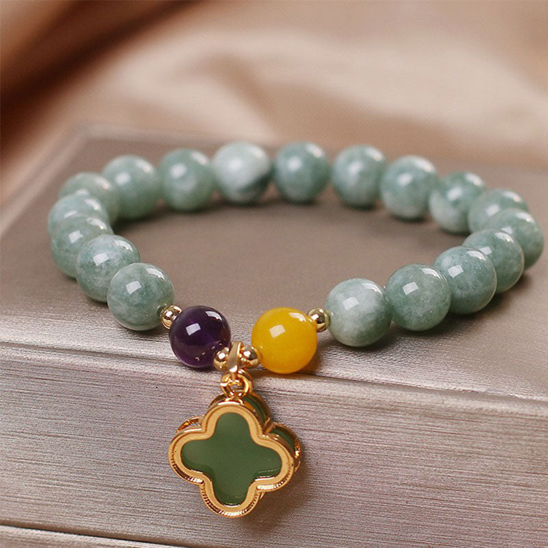 Adjustable Jade Four Leaf Clover Luck Bracelet for Prosperity