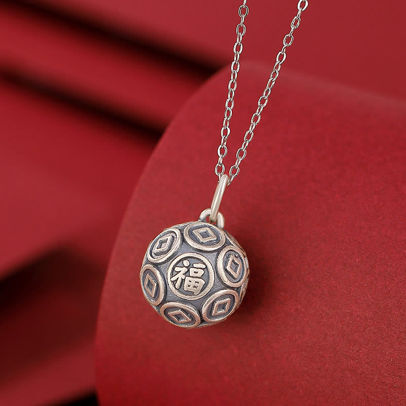 990 Sterling Silver Fu Character Luck Pendant Necklace