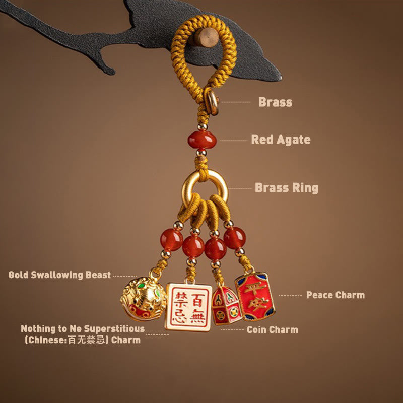 Copper Dancing Lion Wealth Key Chain for Car Hanging Charm