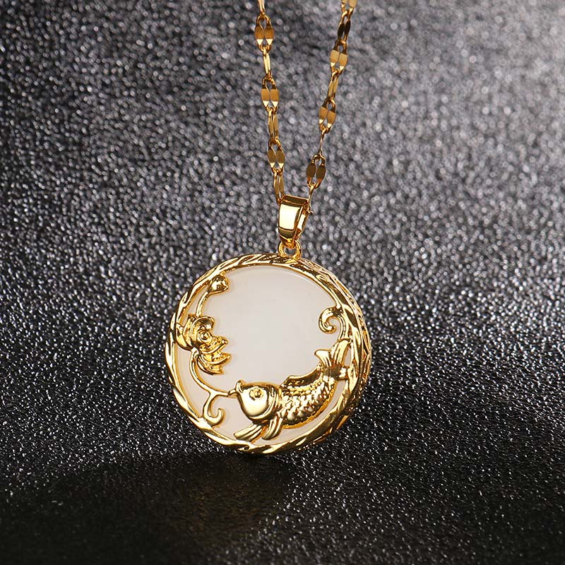 Natural Jade Koi Fish Lotus Luck Pendant Necklace