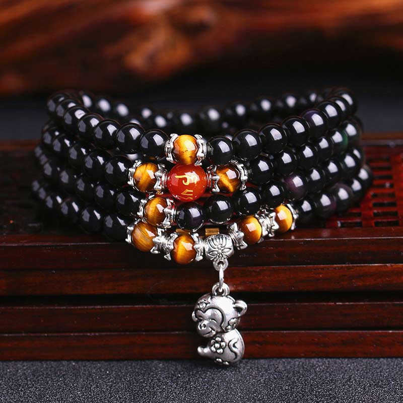 108 Beads Black Obsidian Tiger Eye Chinese Zodiac Bracelet