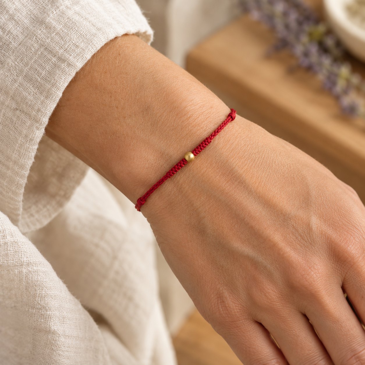 Handmade 999 Gold Mini Bead Red String Bracelet for Strength, worn on the wrist by a woman