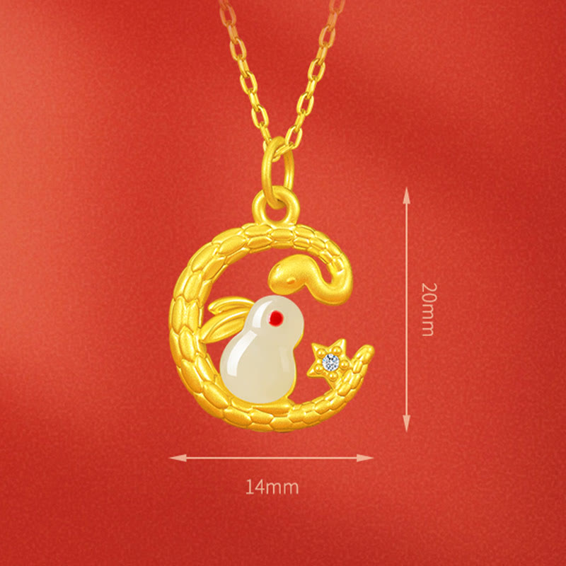 999 Gold Snake Around Rabbit Jade Necklace for Luck & Protection