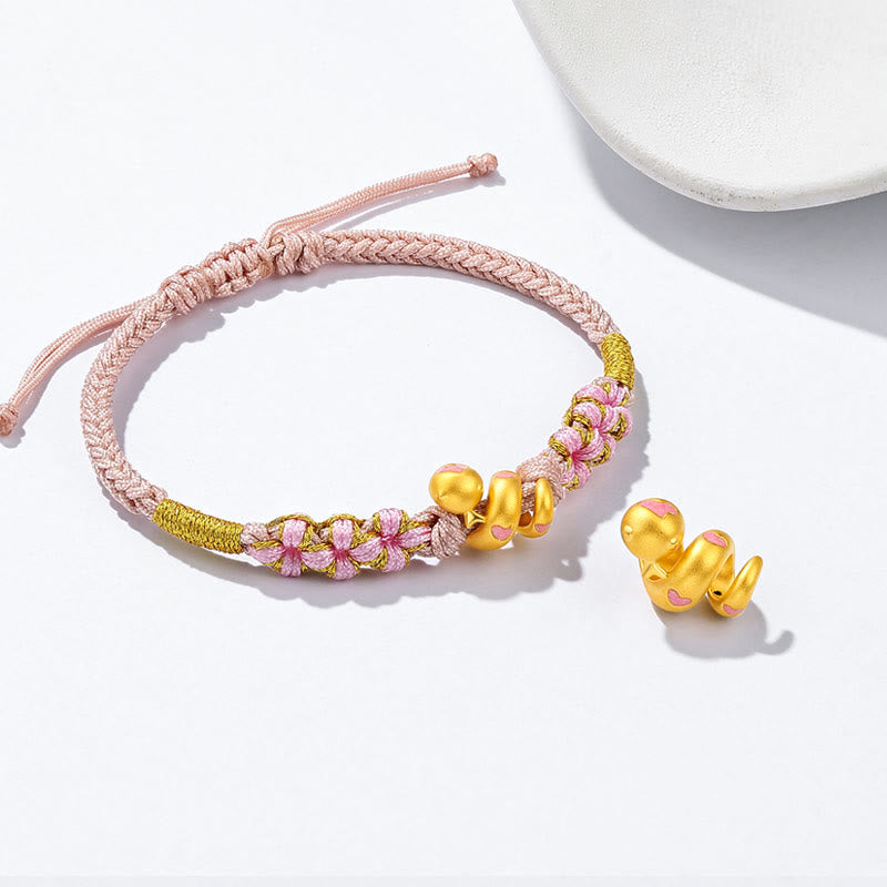 999 Gold Snake Pink Rope Bracelet for Luck