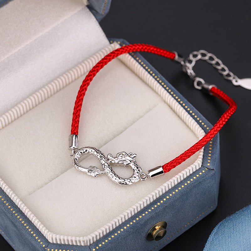 999 Sterling Silver Dragon Bracelet with Endless Knot for Luck & Protection