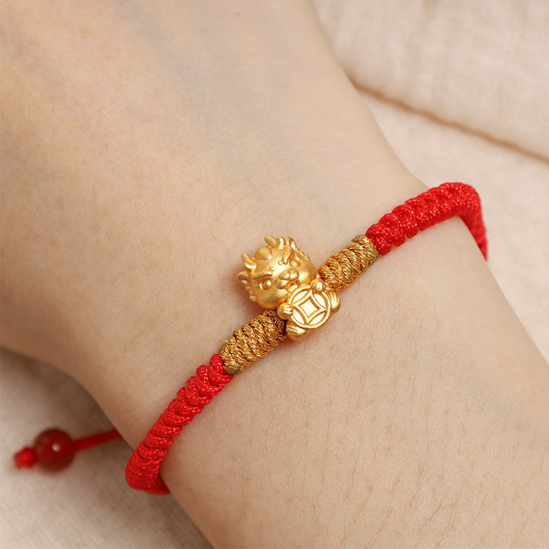 999 Sterling Silver Dragon Bracelet with Red String for Luck