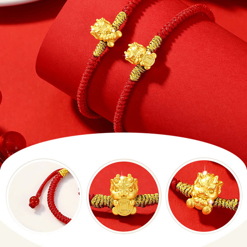 999 Sterling Silver Dragon Bracelet with Red String for Luck