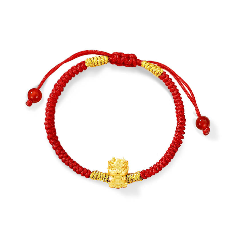 999 Sterling Silver Dragon Bracelet with Red String for Luck