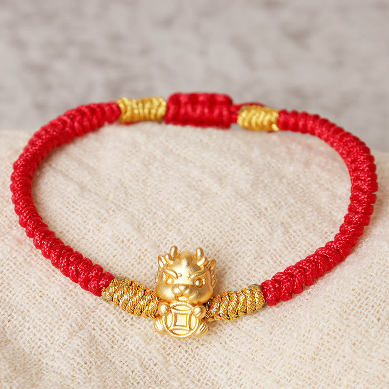 999 Sterling Silver Dragon Bracelet with Red String for Luck