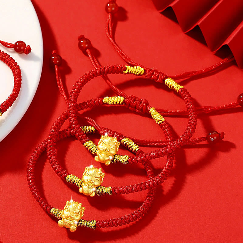 999 Sterling Silver Dragon Bracelet with Red String for Luck
