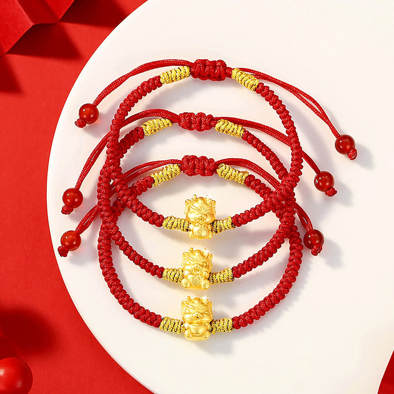 999 Sterling Silver Dragon Bracelet with Red String for Luck
