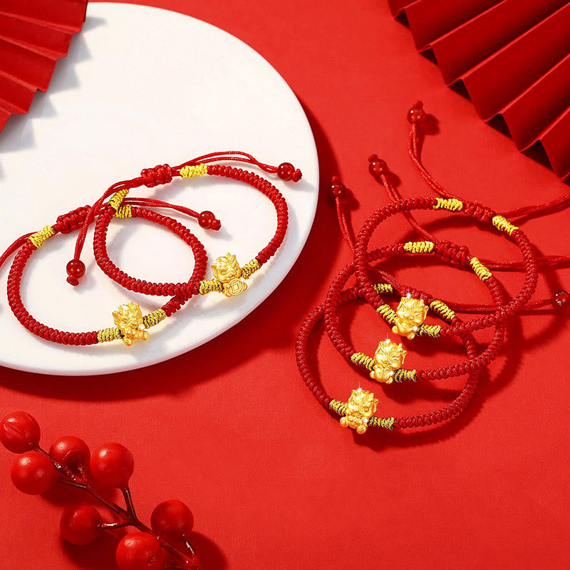 999 Sterling Silver Dragon Bracelet with Red String for Luck