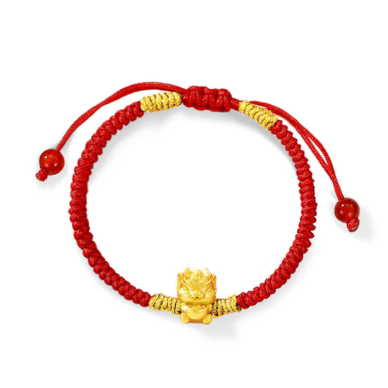999 Sterling Silver Dragon Bracelet with Red String for Luck