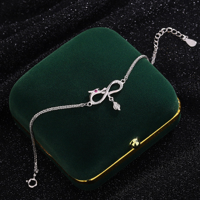 999 Sterling Silver Dragon Bracelet with Zircon Endless Knot Charm