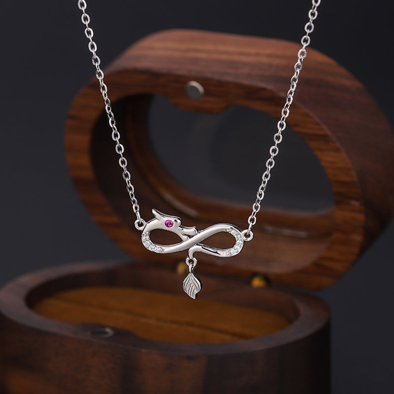 999 Sterling Silver Dragon Necklace with Endless Knot Charm