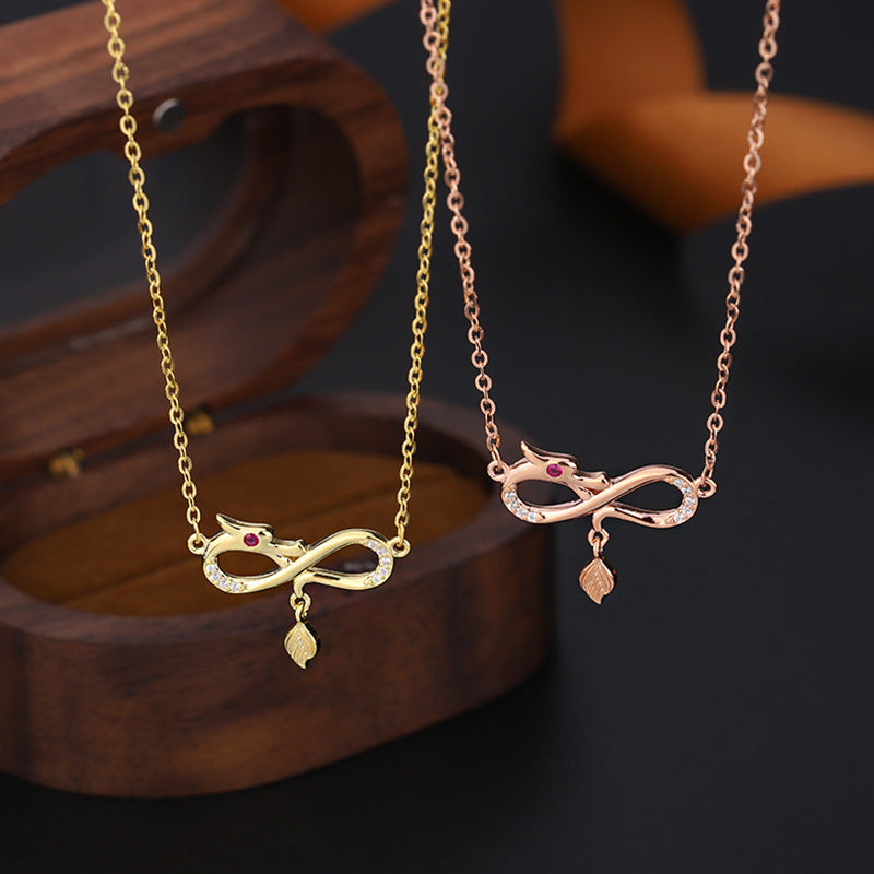999 Sterling Silver Dragon Necklace with Endless Knot Charm