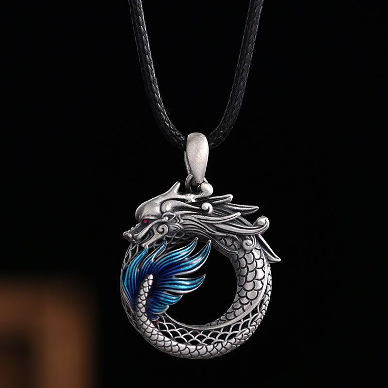 999 Sterling Silver Dragon Necklace with Peace Buckle for Auspicious Success