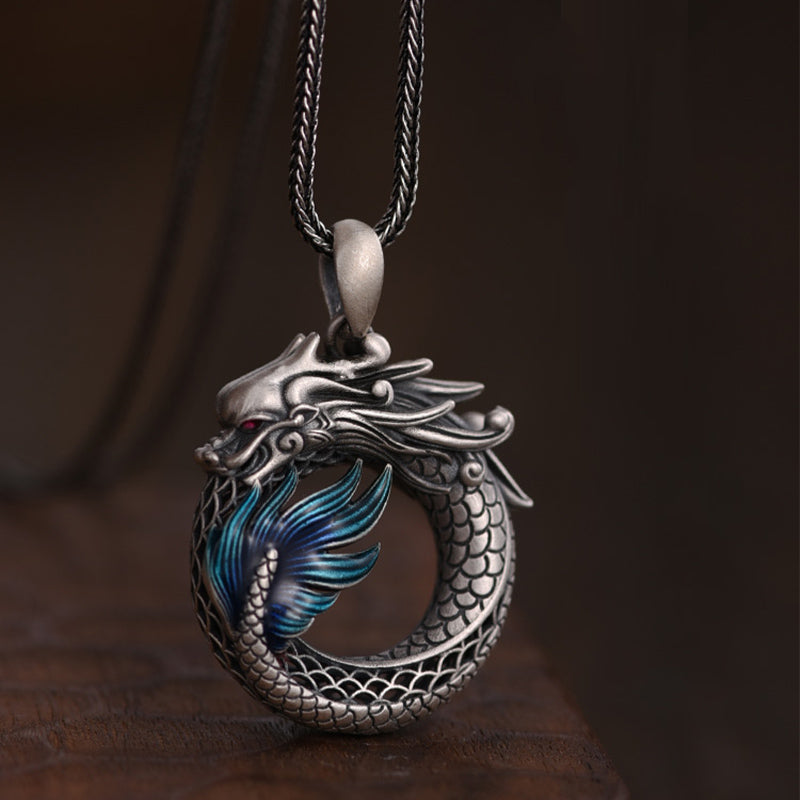 999 Sterling Silver Dragon Necklace with Peace Buckle for Auspicious Success