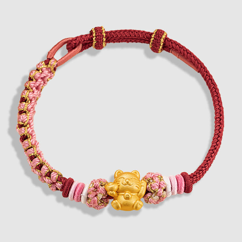 999 Sterling Silver Fortune Cat Red String Rope Bracelet