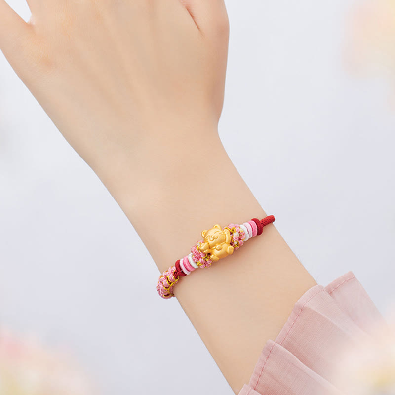 999 Sterling Silver Fortune Cat Red String Rope Bracelet