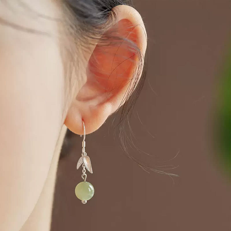 999 Sterling Silver Hetian Jade Bamboo Leaf Luck Drop Earrings