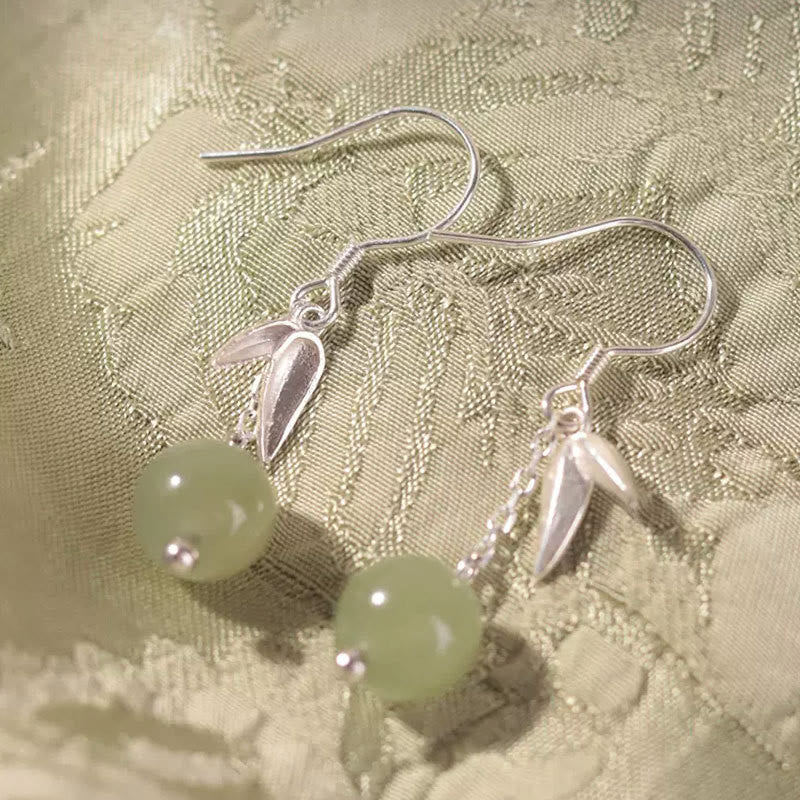999 Sterling Silver Hetian Jade Bamboo Leaf Luck Drop Earrings