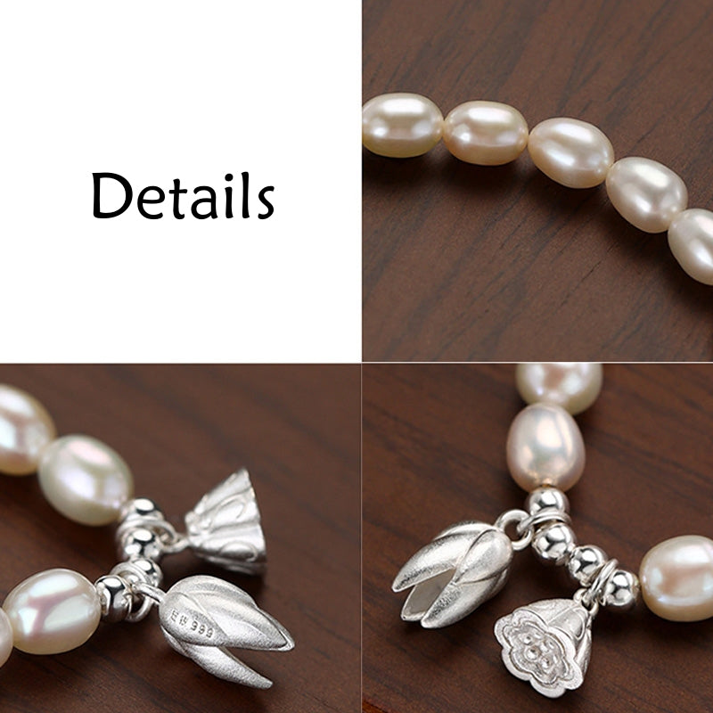 999 Sterling Silver Lotus Pearl Healing Bracelet 14-16cm
