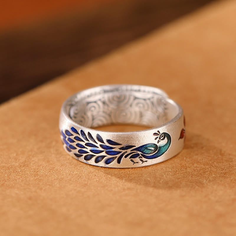 999 Sterling Silver Lotus Ring with Peacock Engraving for Fortune & Love