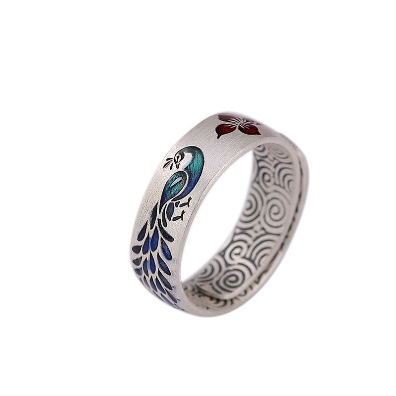 999 Sterling Silver Lotus Ring with Peacock Engraving for Fortune & Love