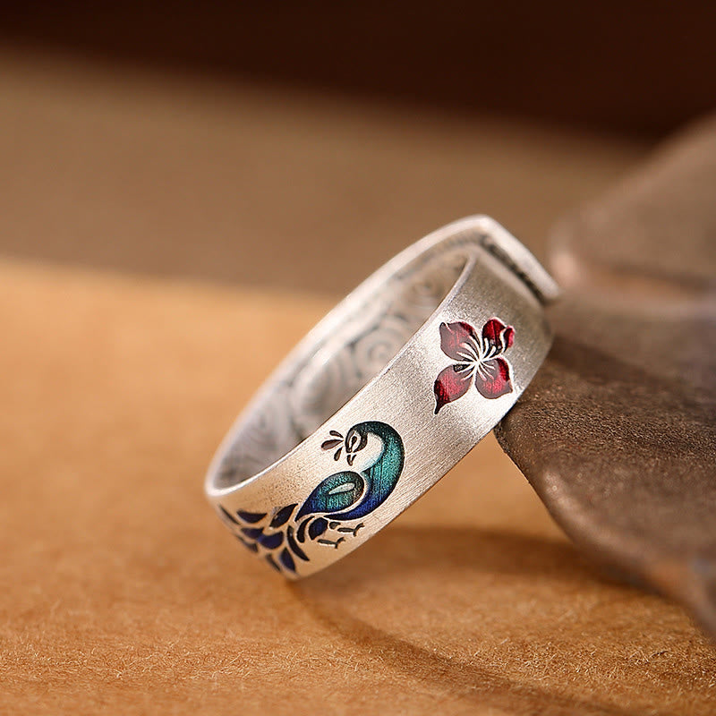 999 Sterling Silver Lotus Ring with Peacock Engraving for Fortune & Love