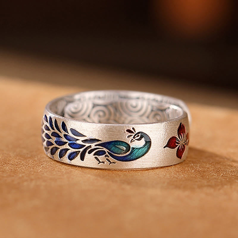 999 Sterling Silver Lotus Ring with Peacock Engraving for Fortune & Love