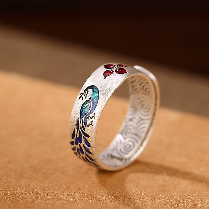 999 Sterling Silver Lotus Ring with Peacock Engraving for Fortune & Love