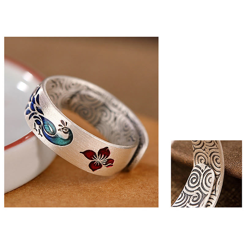 999 Sterling Silver Lotus Ring with Peacock Engraving for Fortune & Love