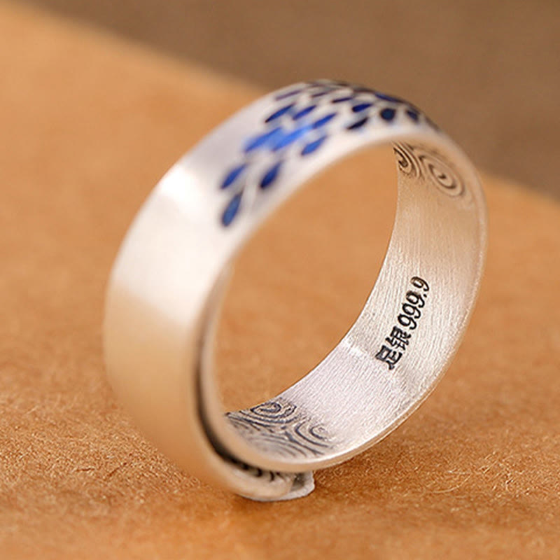 999 Sterling Silver Lotus Ring with Peacock Engraving for Fortune & Love