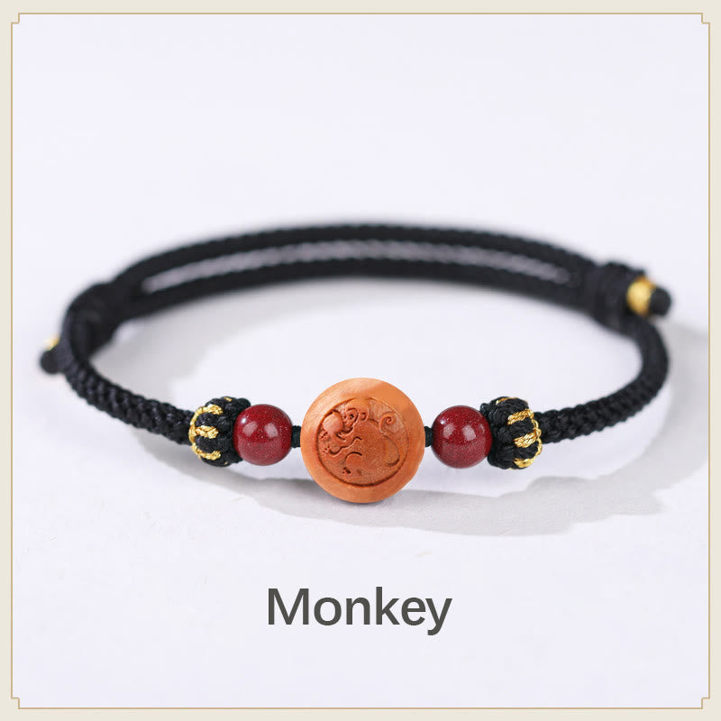 Natural Peach Wood Chinese Zodiac Fu Cinnabar Wealth Bracelet