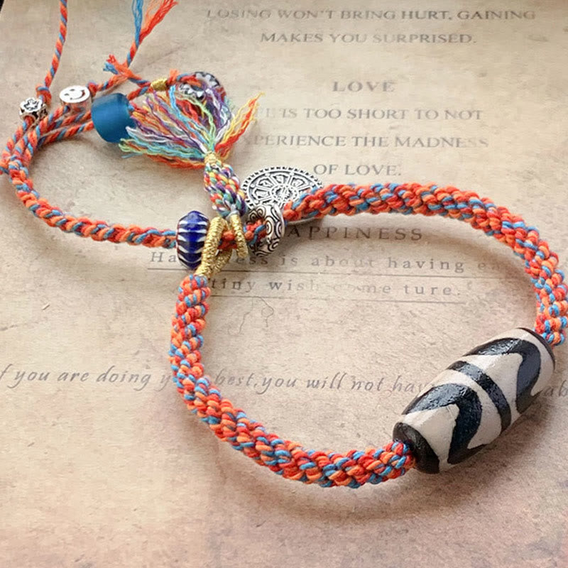 Om Mani Padme Hum Bracelet | Tibetan Dzi Bead Silver Braid