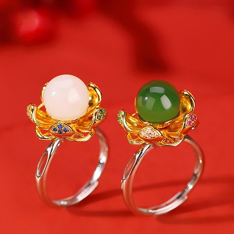 10mm White & Cyan Jade Lotus Flower Success Ring