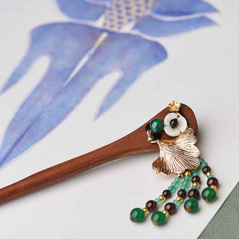 17cm Red Sandalwood Green Agate Protection Hairpin