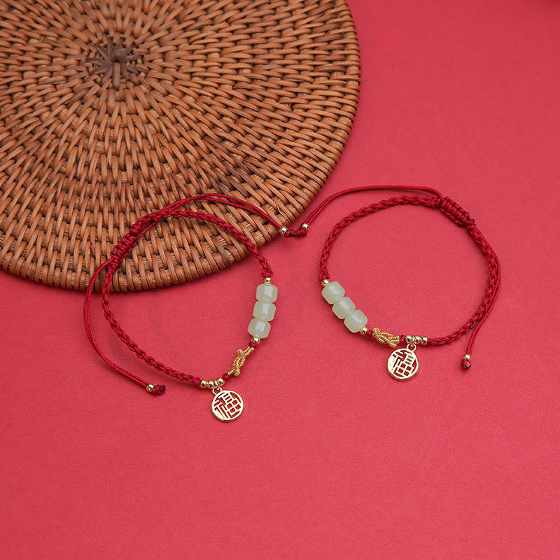 Jade Bead Bracelet with Fu Charm on Red Rope for Luck & Prosperity